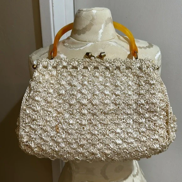 Vintage Large Woven Raffia Top Handle Ivory Cream Granny Core Handbag - Picture 14 of 14